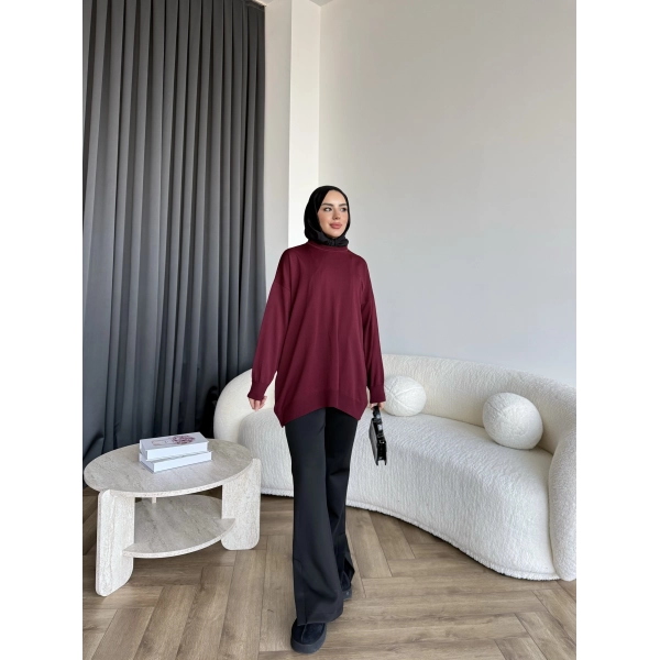 Sümy Kol Katlamalı Triko Kazak - Bordo