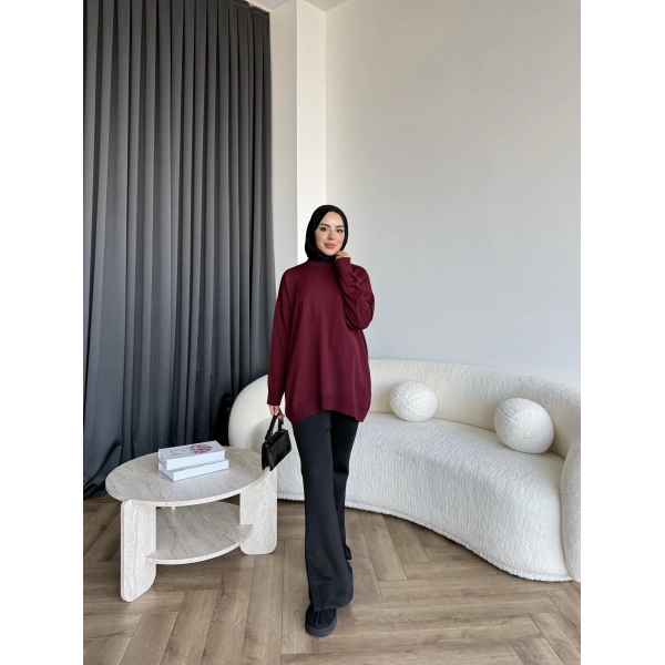 Sümy Kol Katlamalı Triko Kazak - Bordo