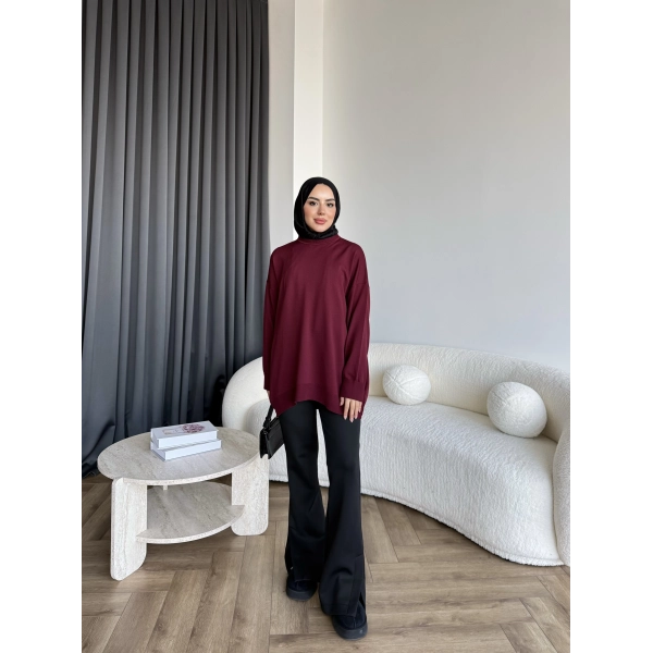 Sümy Kol Katlamalı Triko Kazak - Bordo