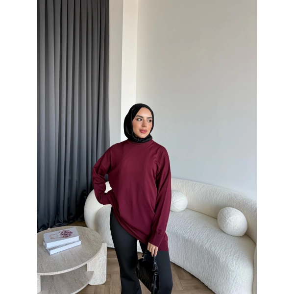 Sümy Kol Katlamalı Triko Kazak - Bordo