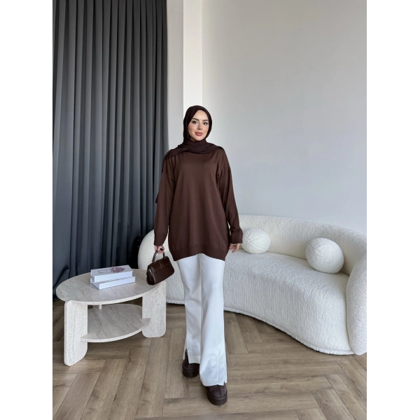 Sümy Kol Katlamalı Triko Kazak - Kahve