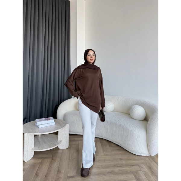 Sümy Kol Katlamalı Triko Kazak - Kahve