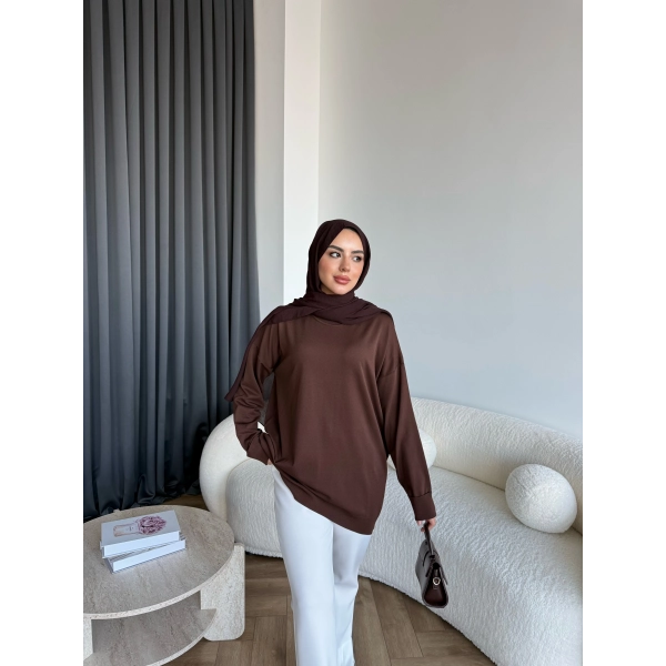 Sümy Kol Katlamalı Triko Kazak - Kahve