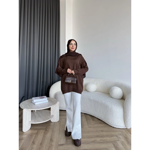 Sümy Kol Katlamalı Triko Kazak - Kahve