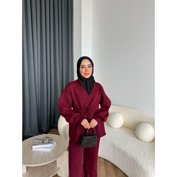 Sursula Ön Bağlamalı Triko Takım - Bordo