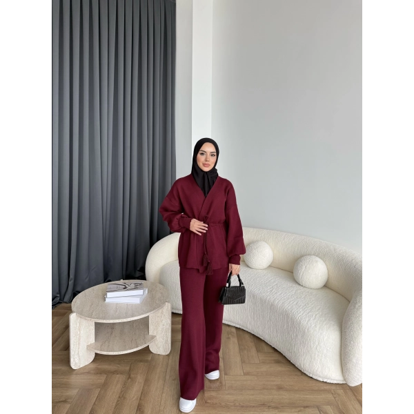 Sursula Ön Bağlamalı Triko Takım - Bordo