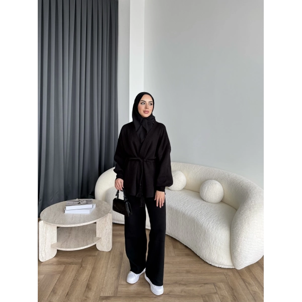 Sursula Ön Bağlamalı Triko Takım - Siyah