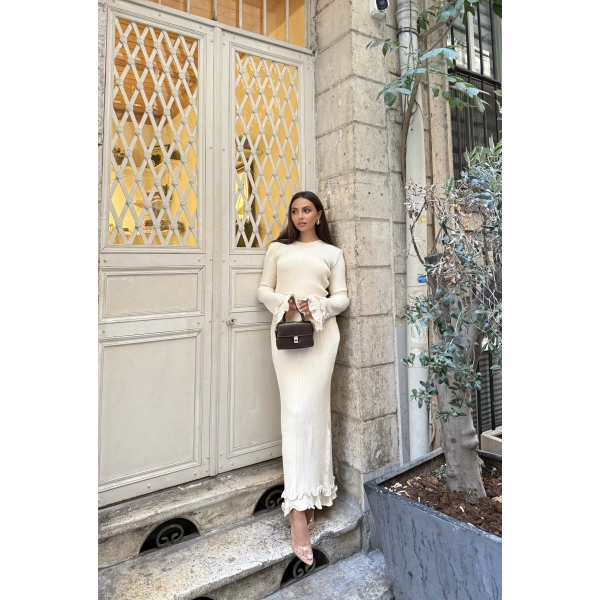 Tamara Kol Detaylı Elbise - Bej