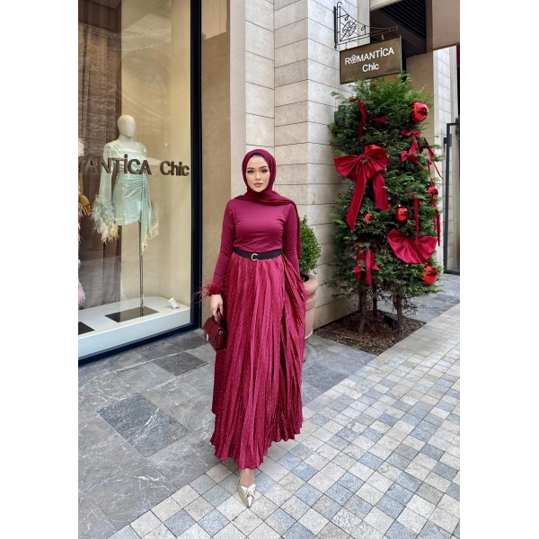 Taşlı Saten Etek - Bordo