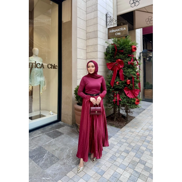 Taşlı Saten Etek - Bordo