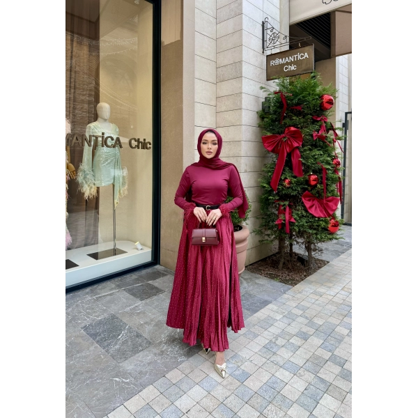 Taşlı Saten Etek - Bordo