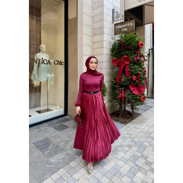 Taşlı Saten Etek - Bordo