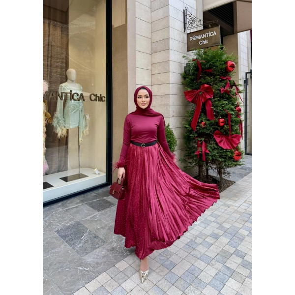 Taşlı Saten Etek - Bordo