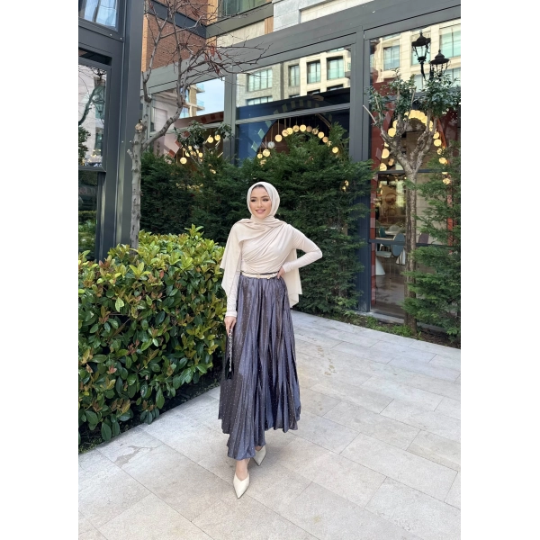 Taşlı Saten Etek - Gri