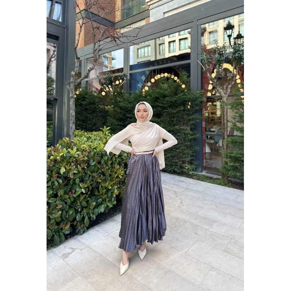 Taşlı Saten Etek - Gri