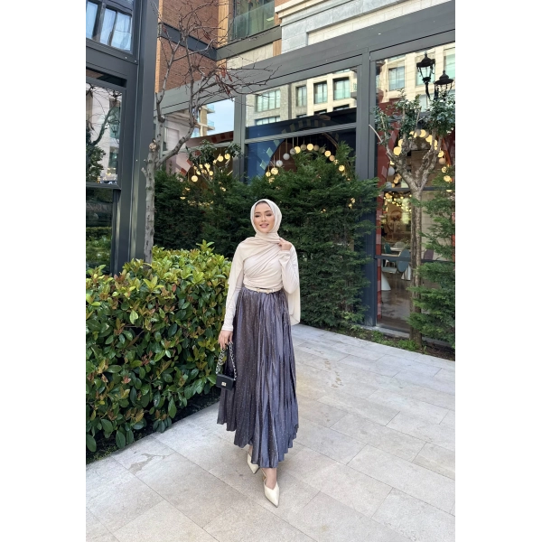 Taşlı Saten Etek - Gri