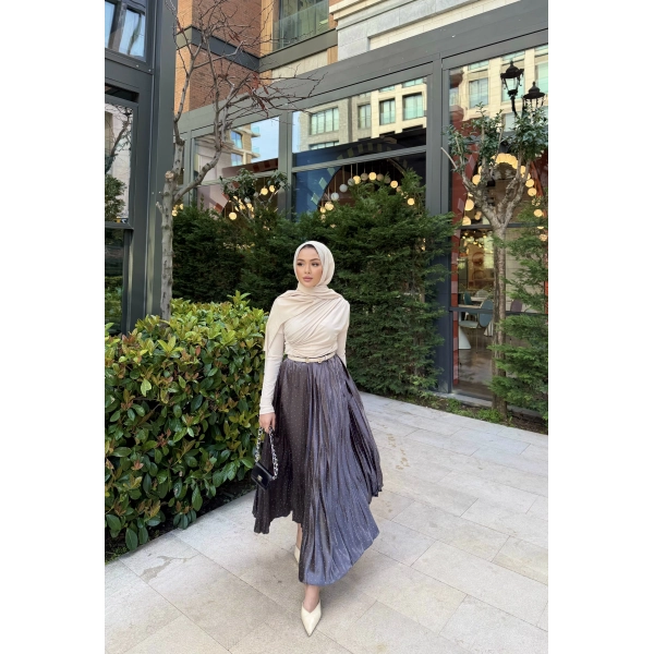 Taşlı Saten Etek - Gri