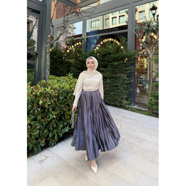 Taşlı Saten Etek - Gri