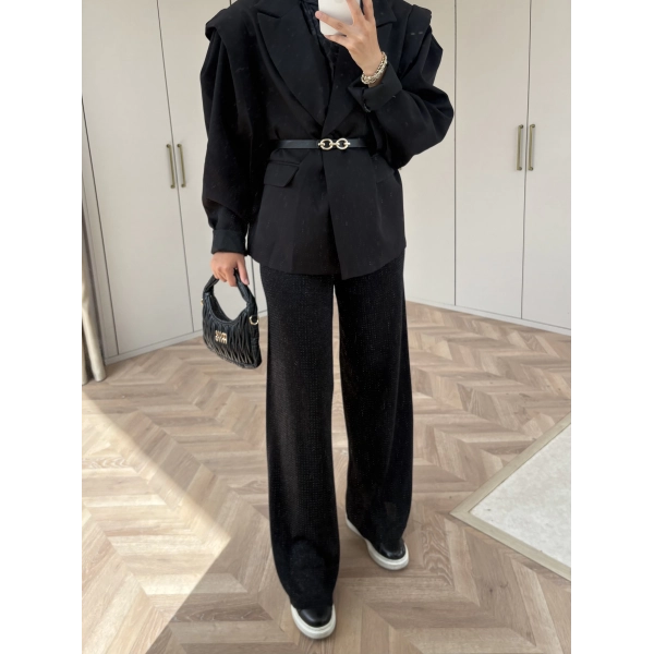 Taşlı Triko Pantolon - Siyah