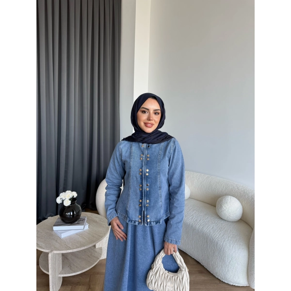 Tb - Çıtçıtlı Etekli Denim Takım - Açık Mavi