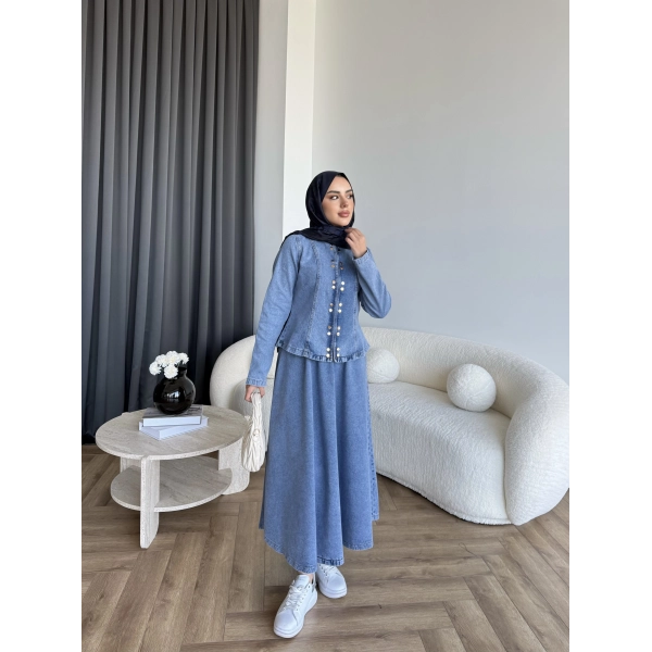 Tb - Çıtçıtlı Etekli Denim Takım - Açık Mavi