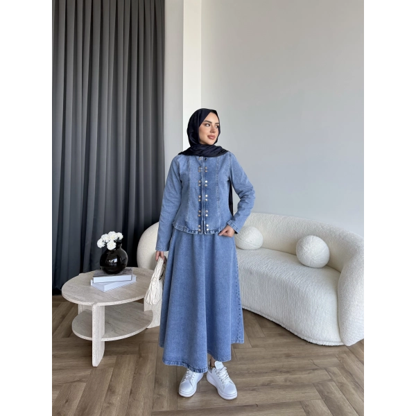 Tb - Çıtçıtlı Etekli Denim Takım - Açık Mavi