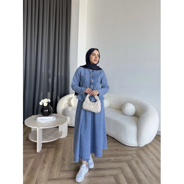 Tb - Çıtçıtlı Etekli Denim Takım - Açık Mavi