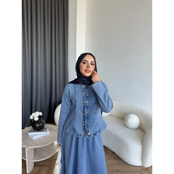 Tb - Çıtçıtlı Etekli Denim Takım - Açık Mavi