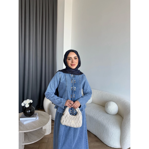 Tb - Çıtçıtlı Etekli Denim Takım - Açık Mavi