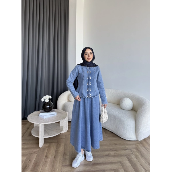 Tb - Çıtçıtlı Etekli Denim Takım - Açık Mavi