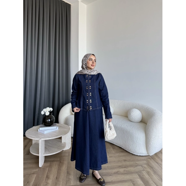 Tb - Çıtçıtlı Etekli Denim Takım - Koyu Mavi