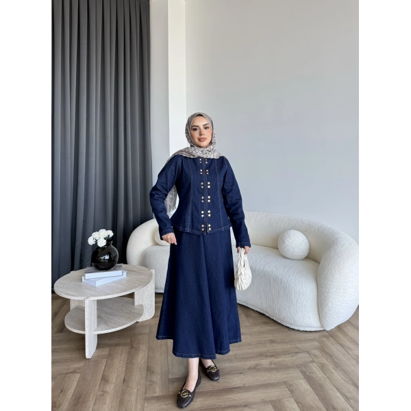 Tb - Çıtçıtlı Etekli Denim Takım - Koyu Mavi