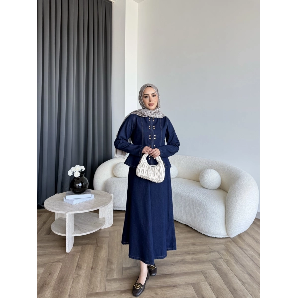 Tb - Çıtçıtlı Etekli Denim Takım - Koyu Mavi