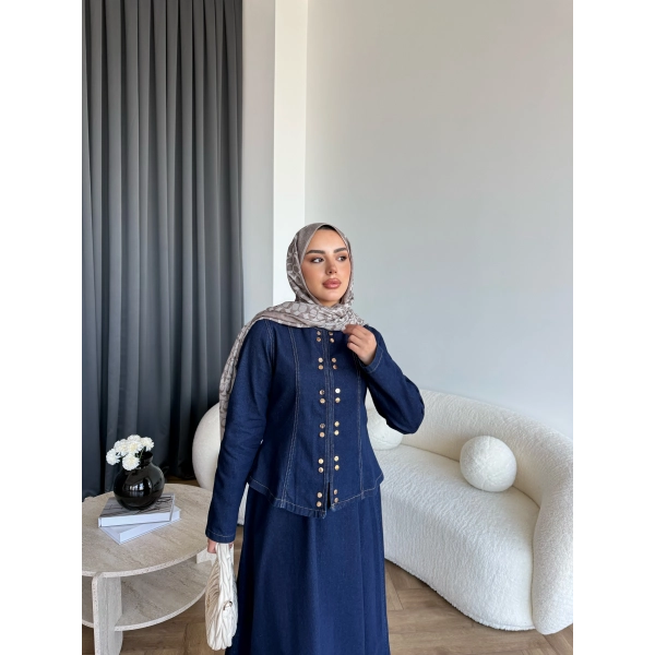 Tb - Çıtçıtlı Etekli Denim Takım - Koyu Mavi