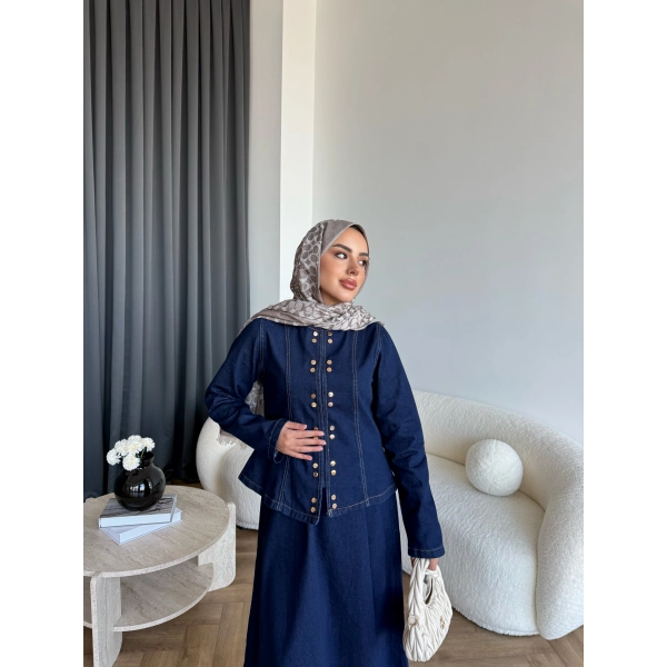 Tb - Çıtçıtlı Etekli Denim Takım - Koyu Mavi