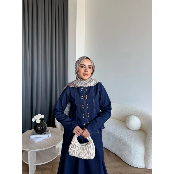 Tb - Çıtçıtlı Etekli Denim Takım - Koyu Mavi