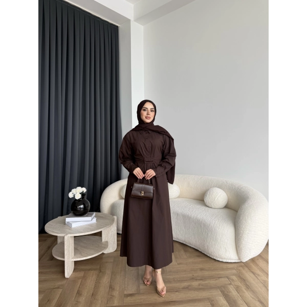 Tb - Flor Poplin Elbise - Kahve