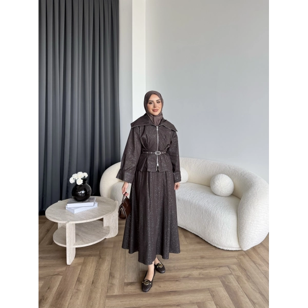 Tb - Işıltı Etekli Kot Takım - Kahve