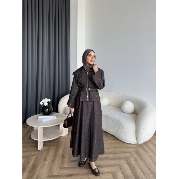 Tb - Işıltı Etekli Kot Takım - Kahve