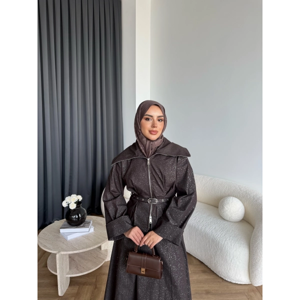 Tb - Işıltı Etekli Kot Takım - Kahve