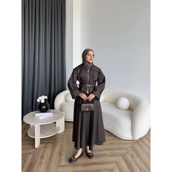 Tb - Işıltı Etekli Kot Takım - Kahve