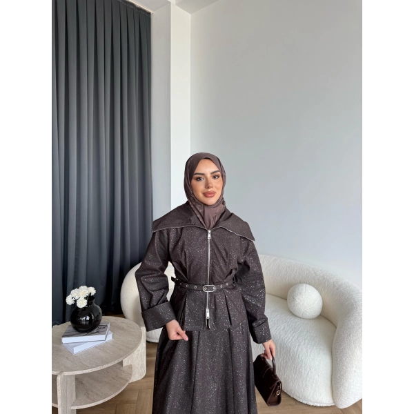 Tb - Işıltı Etekli Kot Takım - Kahve