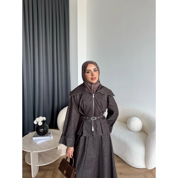 Tb - Işıltı Etekli Kot Takım - Kahve