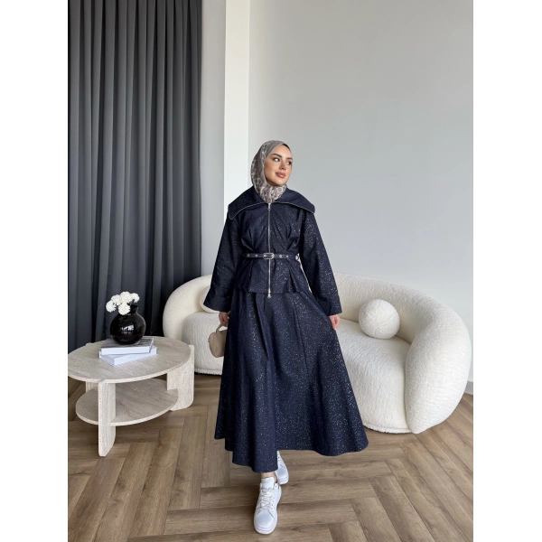 Tb - Işıltı Etekli Kot Takım - Lacivert