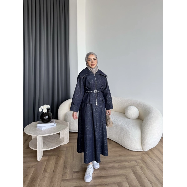 Tb - Işıltı Etekli Kot Takım - Lacivert