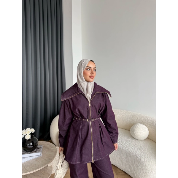 Tb - Selny Fermuarlı Kemerli Kot Takım - Bordo