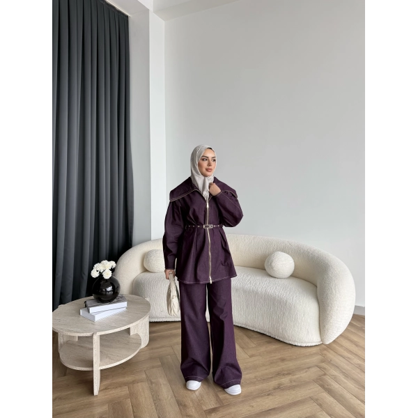 Tb - Selny Fermuarlı Kemerli Kot Takım - Bordo