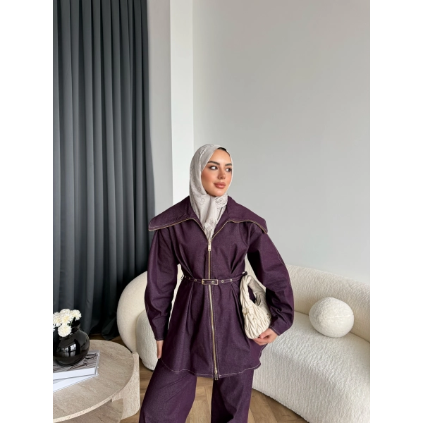 Tb - Selny Fermuarlı Kemerli Kot Takım - Bordo