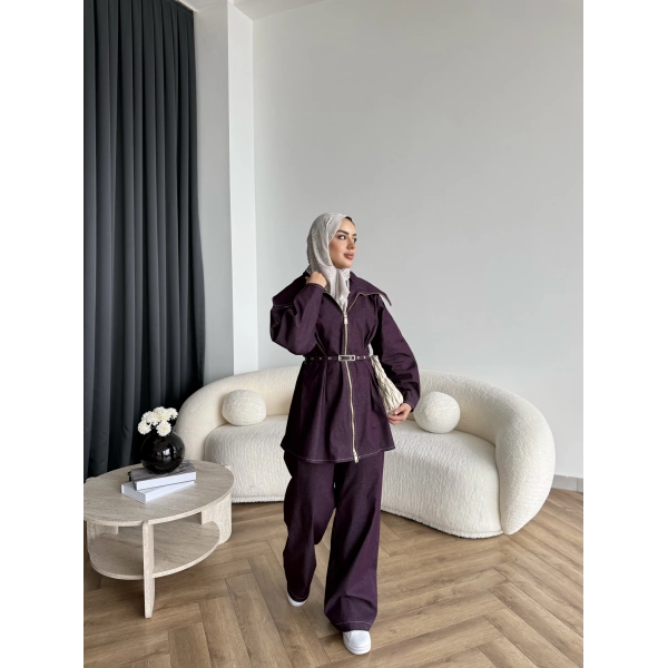 Tb - Selny Fermuarlı Kemerli Kot Takım - Bordo