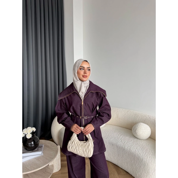 Tb - Selny Fermuarlı Kemerli Kot Takım - Bordo